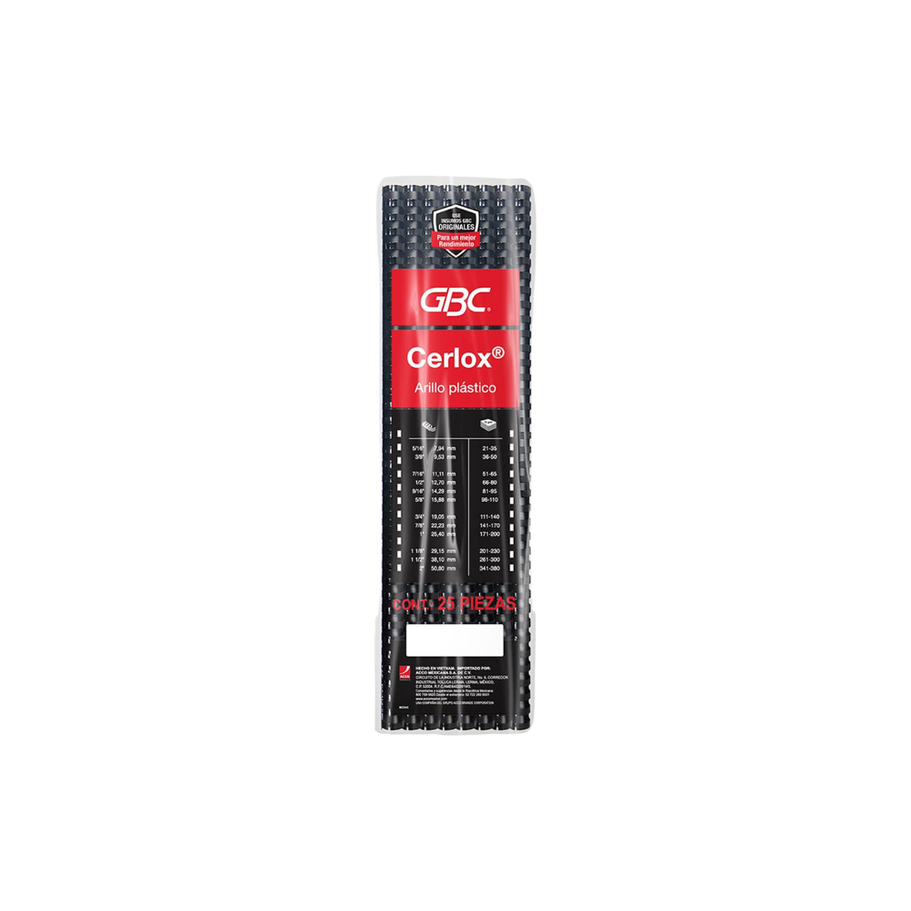 GUSANO DE ARILLOS PLÁSTICO COLOR NEGRO GBC DE 1/2 PULGADA PARA 66 A 80 HOJAS PAQUETE CON 25 PIEZAS M080319