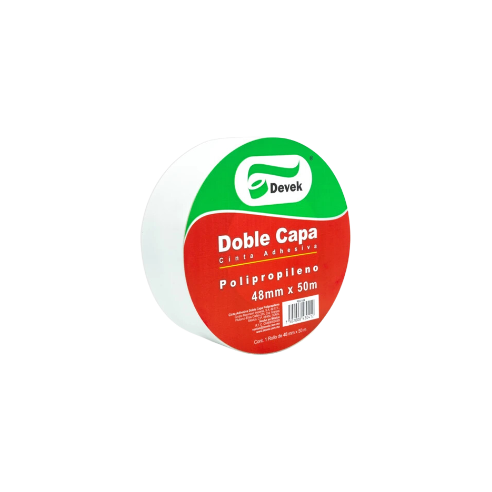 CINTA ADHESIVA DOBLE CAPA DE POLIPROPENO TRANSPARENTE MARCA DEVEK MEDIDAS 48MM X 50M 1 PIEZA PDC104