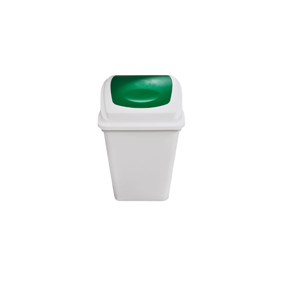 BOTE DE BASURA COLOR BLANCO DE 65 LITROS CON TAPA BALANCÍN FRONTAL COLOR VERDE 8146VD