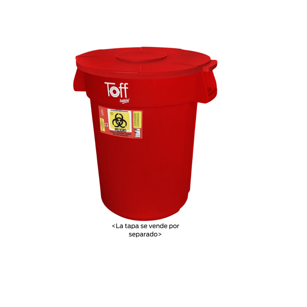 CONTENEDOR DE BASURA TOFF 120 LITROS CUERPO ROJO CON ETIQUETA RPBI SKU 9106 RPBI