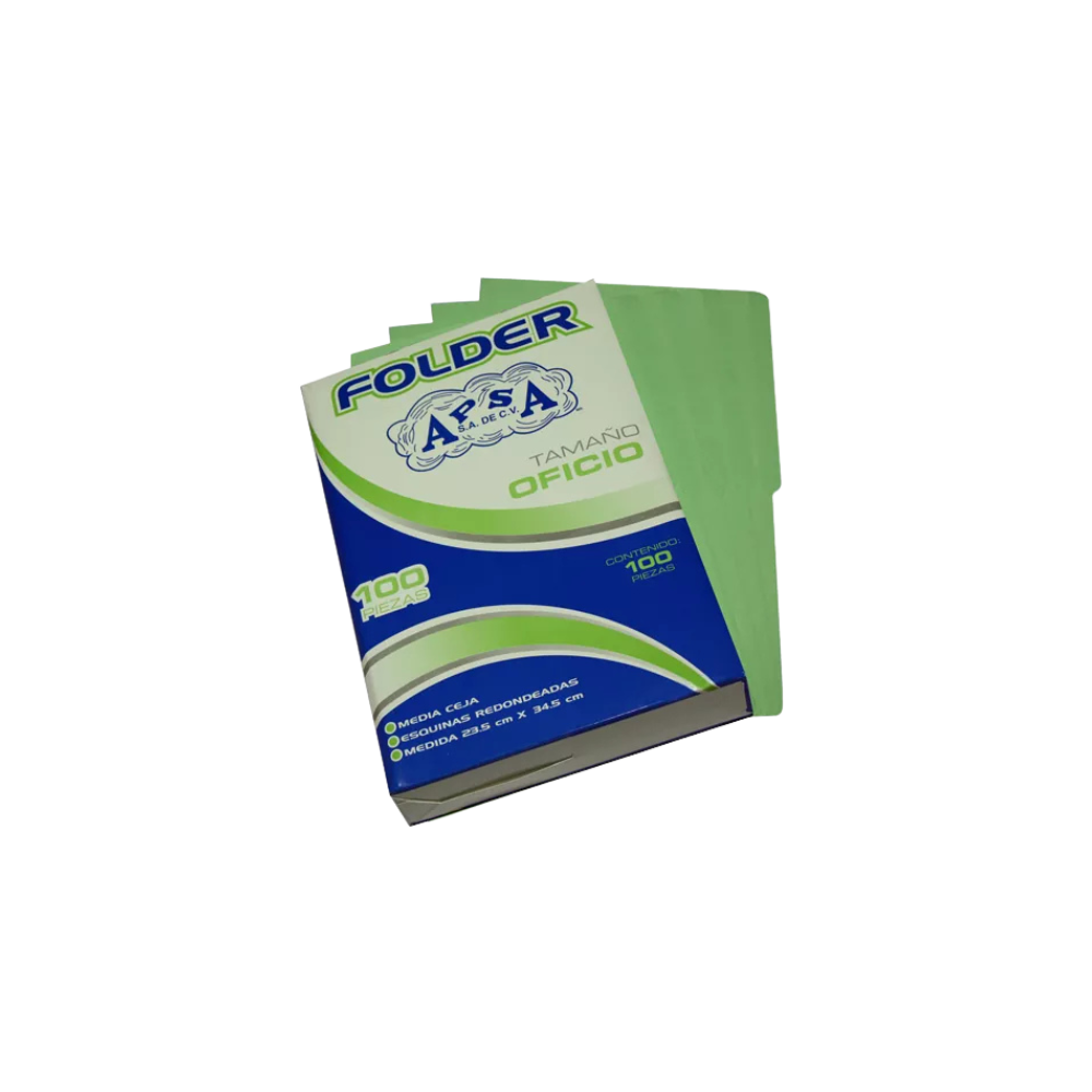 FOLDER DE CARTULINA COLOR VERDE APSA 1/2 CEJA TAMAÑO OFICIO 1 PAQUETE CON 100 PIEZAS L22FO