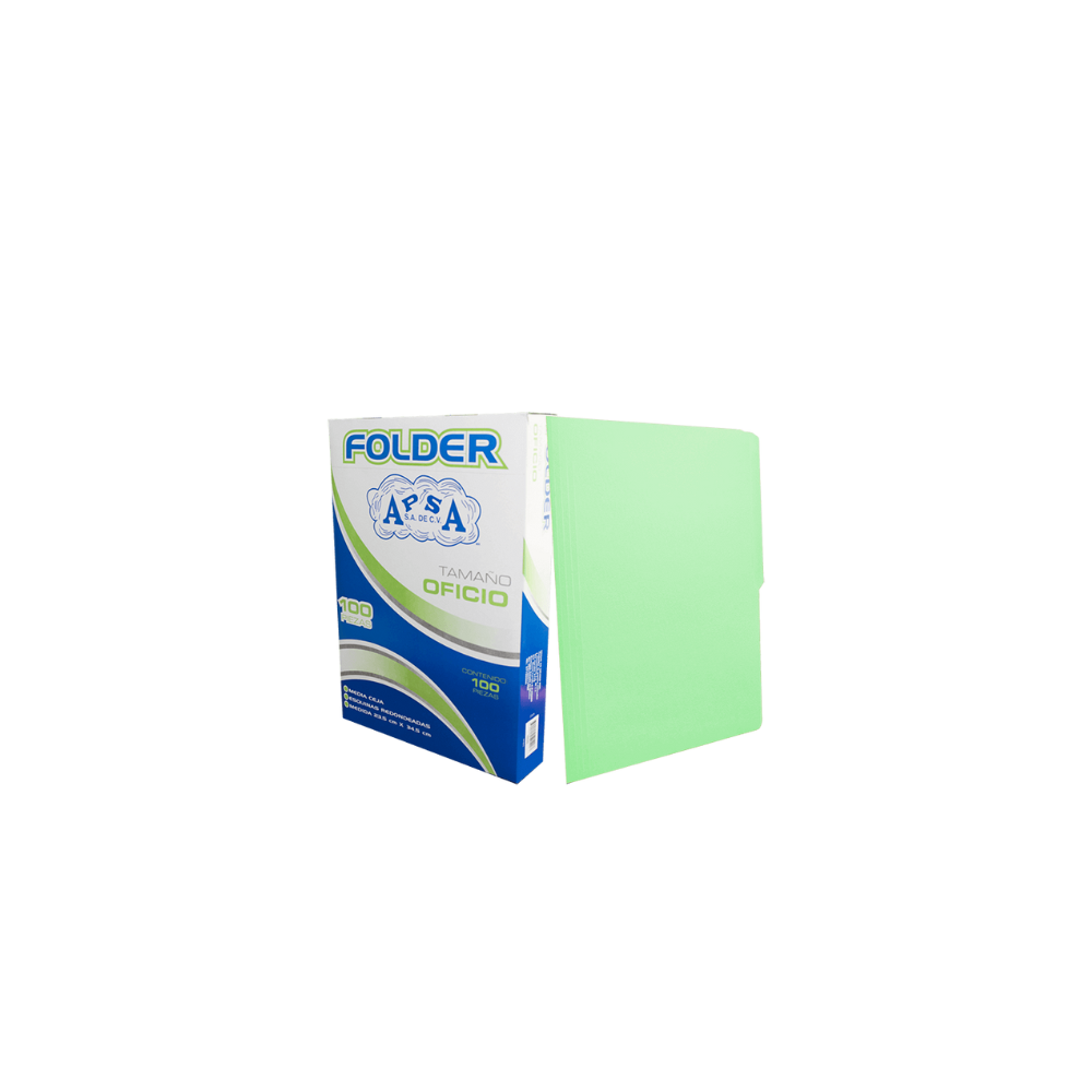 FOLDER DE CARTULINA COLOR VERDE APSA 1/2 CEJA TAMAÑO OFICIO 1 PAQUETE CON 100 PIEZAS L22FO