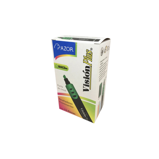 MARCADOR RESALTADOR AZOR VISIÓN PLUS COLOR VERDE FLUORESCENTE CAJA CON 12 PIEZAS 301.2600VE