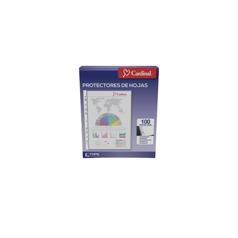 PROTECTOR DE HOJAS CARDINAL TRANSPARENTE ANTIREFLEJANTE TAMAÑO CARTA MÚLTIPLES PERFONACIONES PAQUETE CON 100 PIEZAS 64003