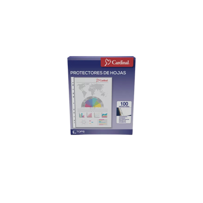 PROTECTOR DE HOJAS CARDINAL TRANSPARENTE ANTIREFLEJANTE TAMAÑO CARTA MÚLTIPLES PERFONACIONES PAQUETE CON 100 PIEZAS 64003