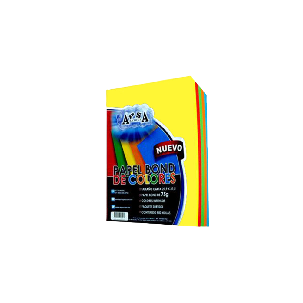 PAPEL BOND PAQUETE DE 500 HOJAS TAMAÑO CARTA APSA DE COLOR SURTIDO 75GR