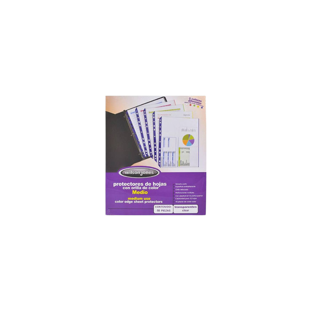 PROTECTOR DE HOJAS WILSON JONES TAMAÑO CARTA TRANSPARENTE CON ORILLAS MULTICOLOR Y MULTIPLES PERFORACIONES  PAQUETE CON 50 PIEZAS P4742