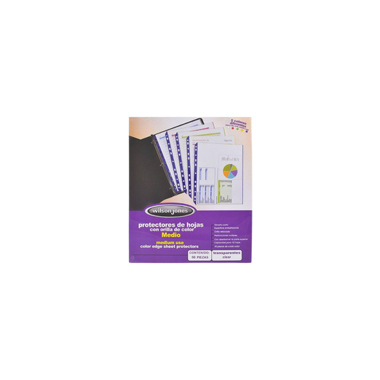 PROTECTOR DE HOJAS WILSON JONES TAMAÑO CARTA TRANSPARENTE CON ORILLAS MULTICOLOR Y MULTIPLES PERFORACIONES  PAQUETE CON 50 PIEZAS P4742