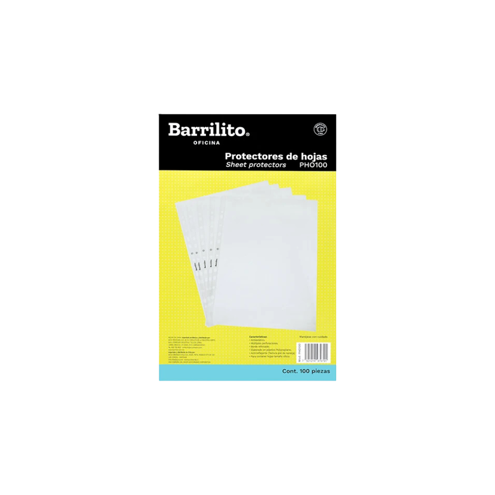 PROTECTOR DE HOJAS BARRILITO TAMAÑO OFICIO TRANSPARENTE CON MÚLTIPLES PERFORACIONES PAQUETE CON 100 PIEZAS PHO100