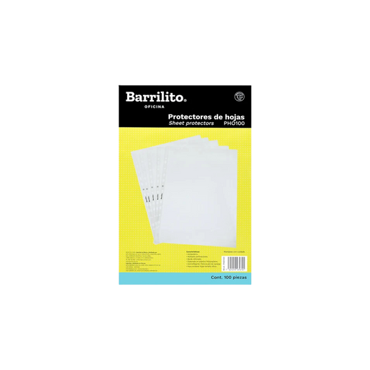 PROTECTOR DE HOJAS BARRILITO TAMAÑO OFICIO TRANSPARENTE CON MÚLTIPLES PERFORACIONES PAQUETE CON 100 PIEZAS PHO100