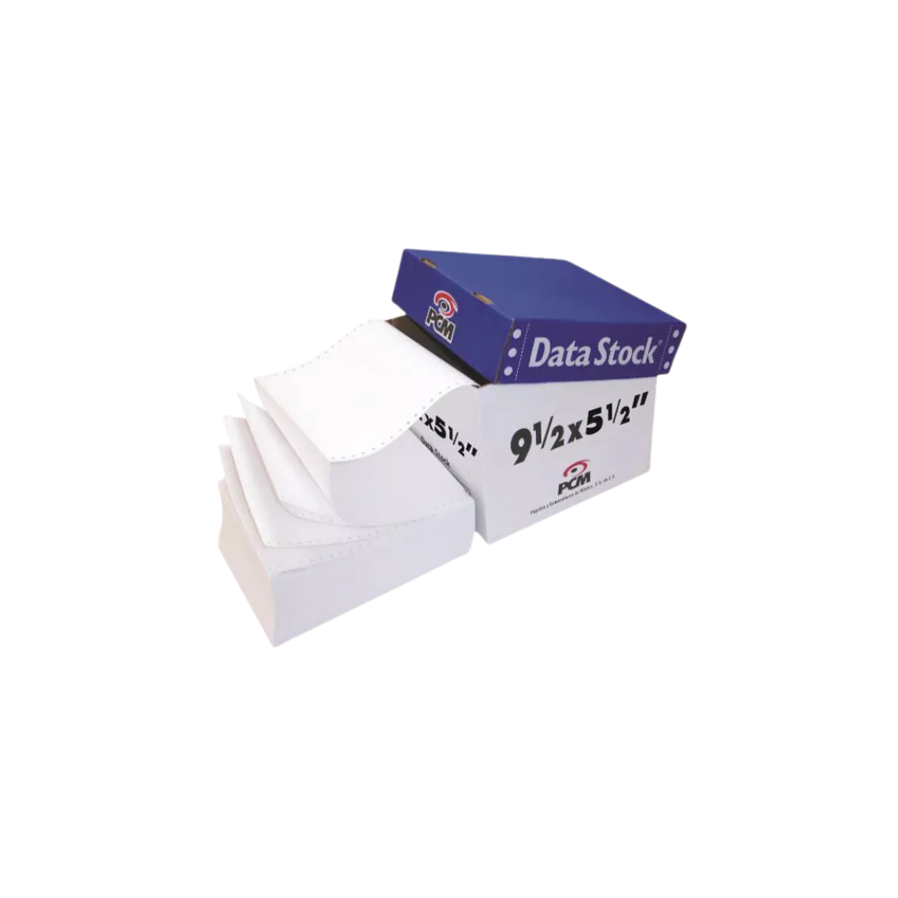 PAPEL STOCK BLANCO PCM DATA STOCK 9.5x5.5 PULGADAS CAJA CON UN TANTO DE 6000 FORMAS DS00216000B