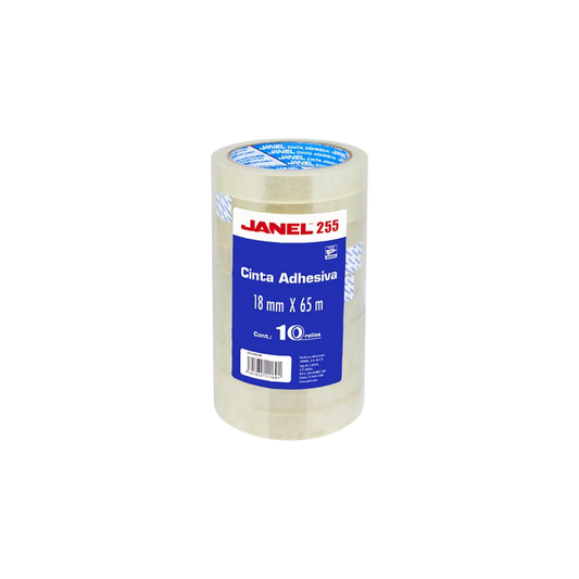 CINTA ADHESIVA TRANSPARENTE DE EMPAQUE MARCA JANEL MEDIDAS 18MM X 65M BLISTER CON 10 PIEZAS