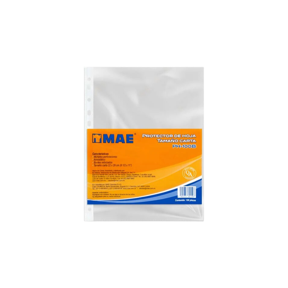 PROTECTOR DE HOJAS MAE TAMAÑO CARTA TRANSPARENTE MULTIPLES PERFORACIONES PAQUETE CON 100 PIEZAS PH-100B