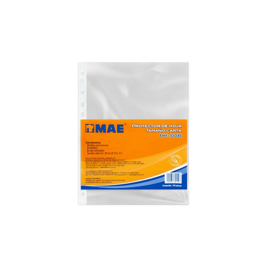 PROTECTOR DE HOJAS MAE TAMAÑO CARTA TRANSPARENTE MULTIPLES PERFORACIONES PAQUETE CON 100 PIEZAS PH-100B