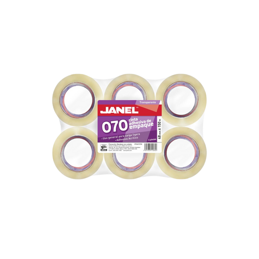 CINTA ADHESIVA TRANSPARENTE DE EMPAQUE PARA CARGA LIGERA (070) MARCA JANEL MEDIDAS 48MM X 150M BLISTER CON 6 PIEZAS 0754815700