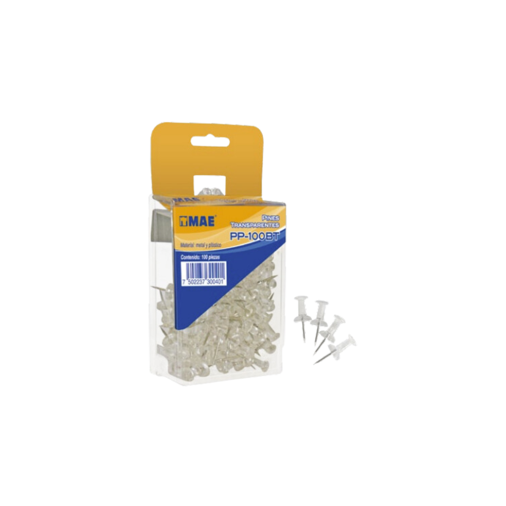 PIN MAE CON CABEZA PLÁSTICA TRANSPARENTE CON PUNTA DE METAL BLISTER CON 100 PIEZAS PP-100BT