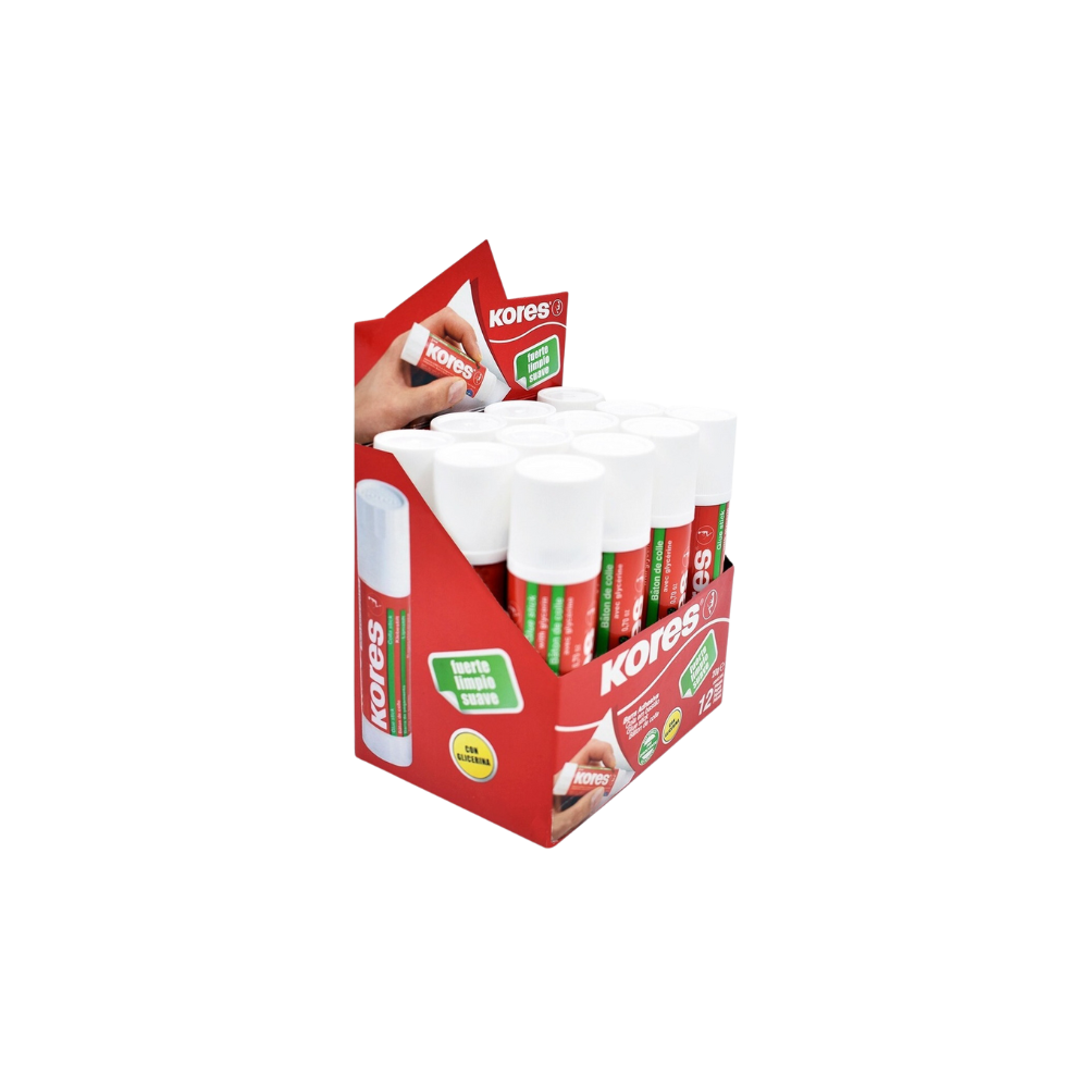 LÁPIZ ADHESIVO BLANCO MARCA KORES BARRA DE 20GR PAQUETE CON 12 PIEZAS 12202