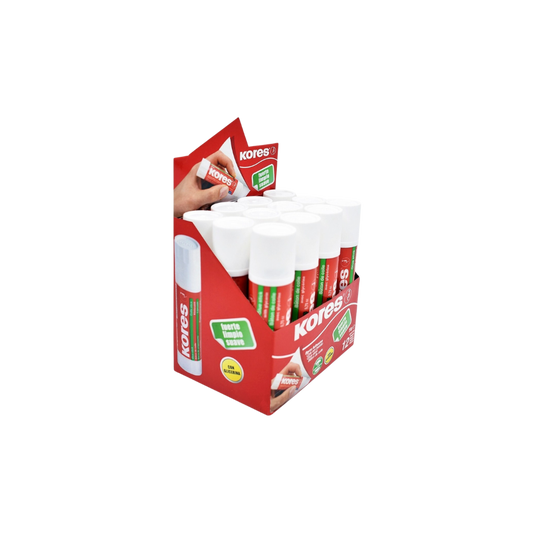 LÁPIZ ADHESIVO BLANCO MARCA KORES BARRA DE 20GR PAQUETE CON 12 PIEZAS 12202