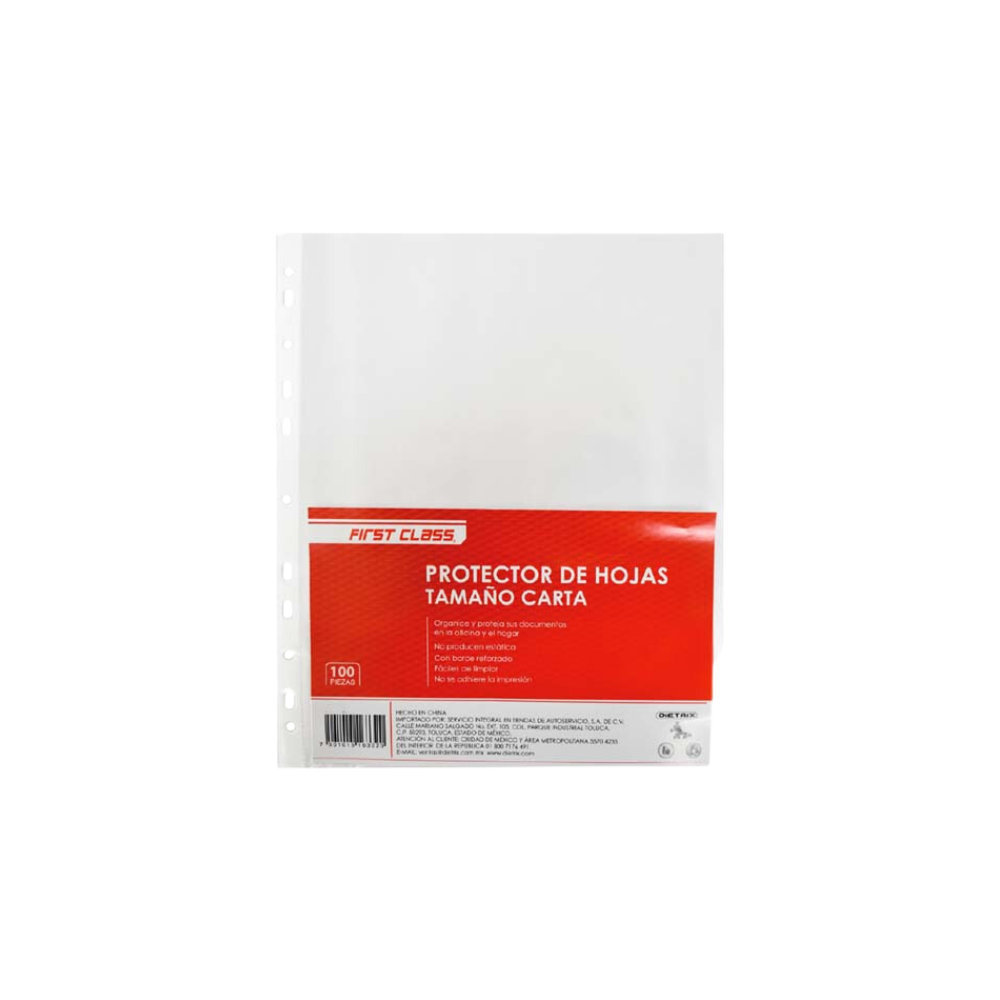 PROTECTOR DE HOJAS TRANSPARENTE TAMAÑO CARTA MULTIPLES PERFORACIONES FIRST CLASS PAQUETE CON 100 PIEZAS 9699