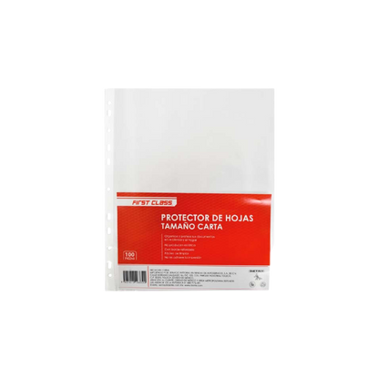 PROTECTOR DE HOJAS TRANSPARENTE TAMAÑO CARTA MULTIPLES PERFORACIONES FIRST CLASS PAQUETE CON 100 PIEZAS 9699