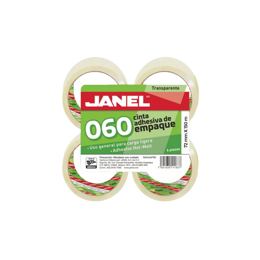 CINTA ADHESIVA TRANSPARENTE DE EMPAQUE MARCA JANEL MEDIDAS 72MM X 150M BLISTER CON 4 PIEZAS