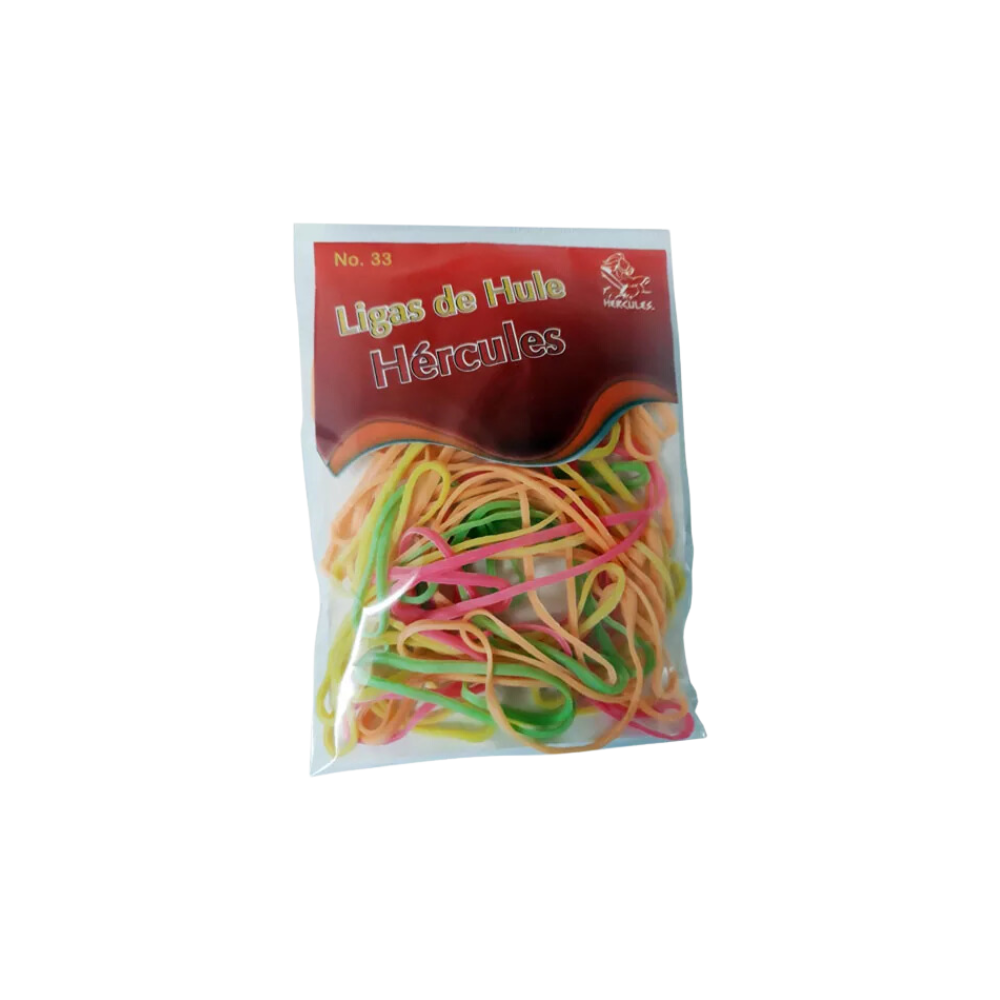 LIGAS DE HULE NATURAL HÉRCULES NO.33 VARIOS COLORES BOLSA CON 15GR LCNG-33