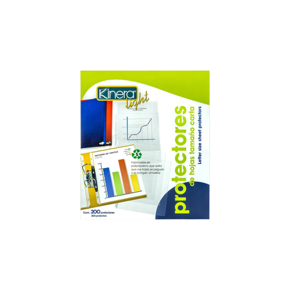 PROTECTOR DE HOJAS KINERA TRANSPARENTE TAMAÑO CARTA 5 PERFORACIONES PAQUETE CON 200 PIEZAS