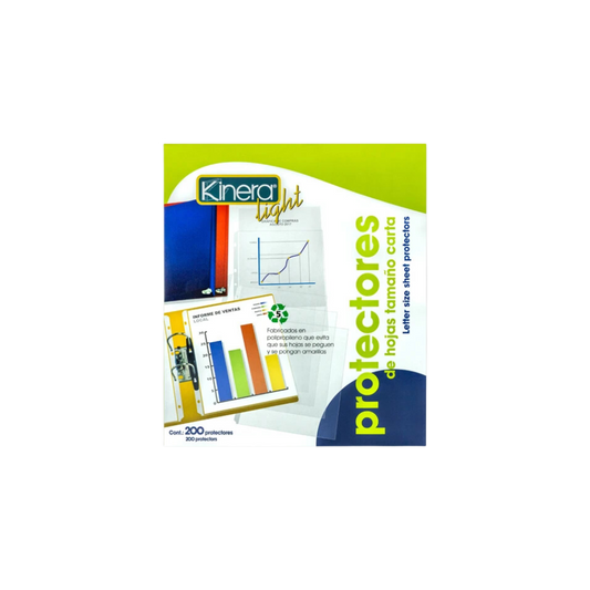 PROTECTOR DE HOJAS KINERA TRANSPARENTE TAMAÑO CARTA 5 PERFORACIONES PAQUETE CON 200 PIEZAS