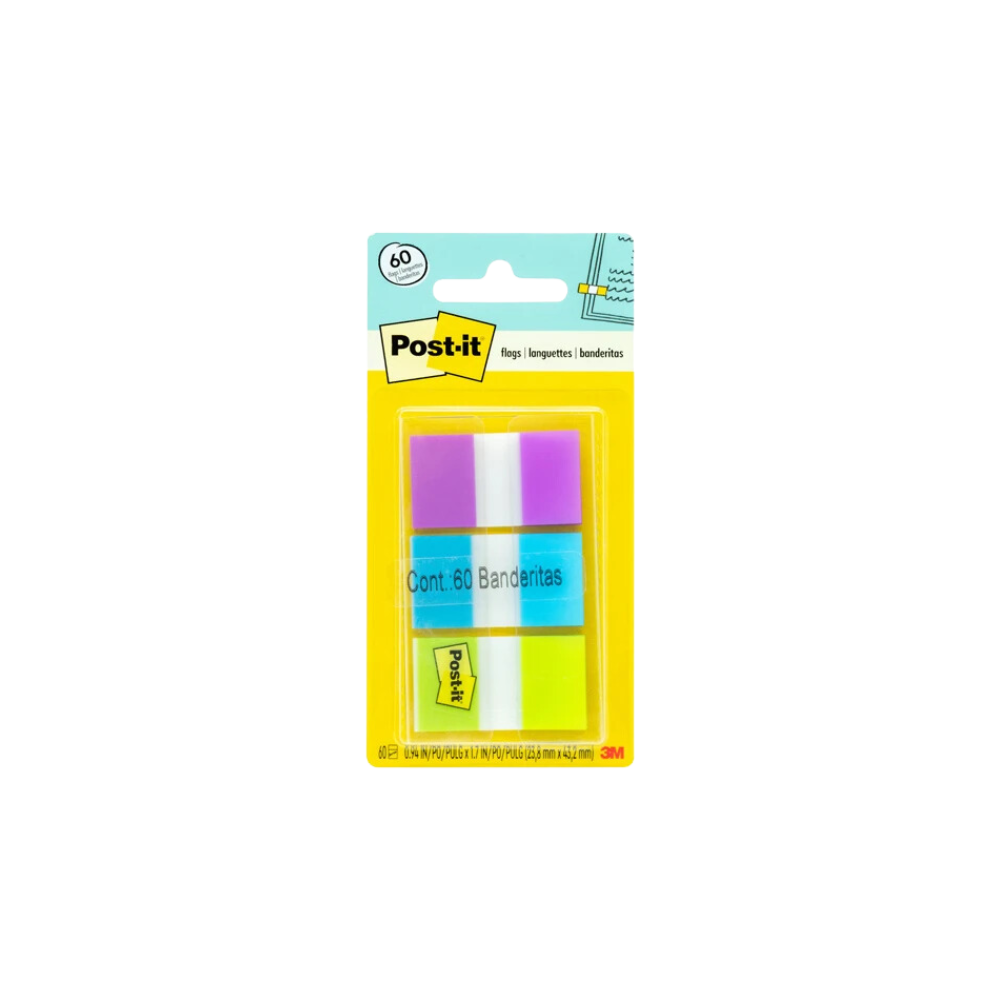 BANDERITAS POST-IT 3 COLORES PAQUETE CON 60 BANDERITAS MEDIDAS 2.3 x 4.3 CM 70071493244
