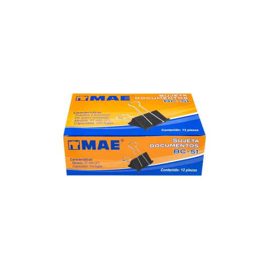 SUJETADOCUMENTOS GRANDE MAE CAPACIDAD DE HASTA 110 HOJAS CAJA CON 12 PIEZAS BC-51