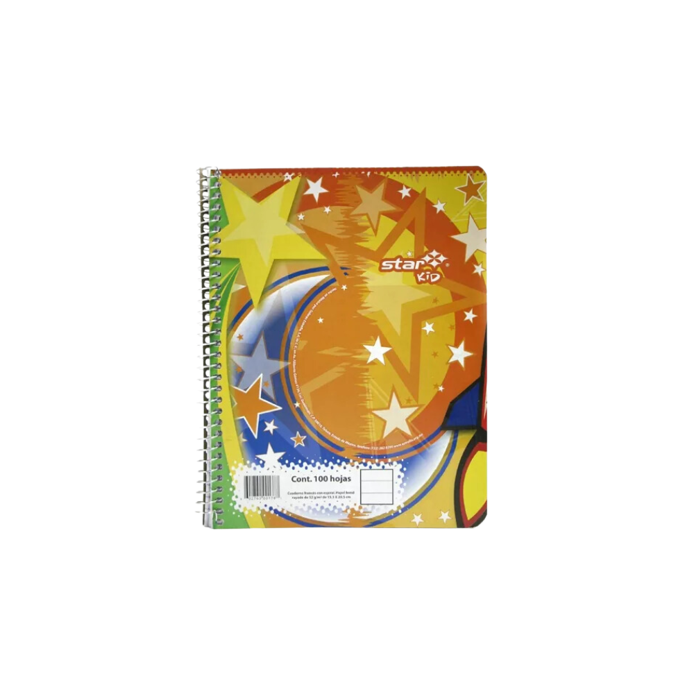 CUADERNO FORMA FRANCESA DE RAYA MARCA ESTRELLA 100 HOJAS ESPIRAL SENCILLO 1 PIEZA 0178