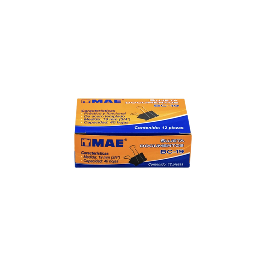 SUJETADOCUMENTOS CHICO MAE CAPACIDAD DE HASTA 40 HOJAS CAJA CON 12 PIEZAS BC-19