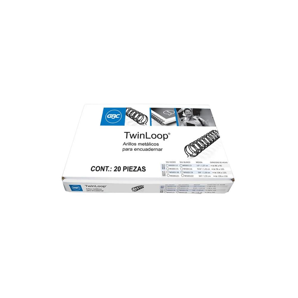 GUSANO DE ARILLO METÁLICO COLOR NEGRO GBC DE 7/8 PULGADA PARA 151 A 180 HOJAS PAQUETE CON 20 PIEZAS M500124