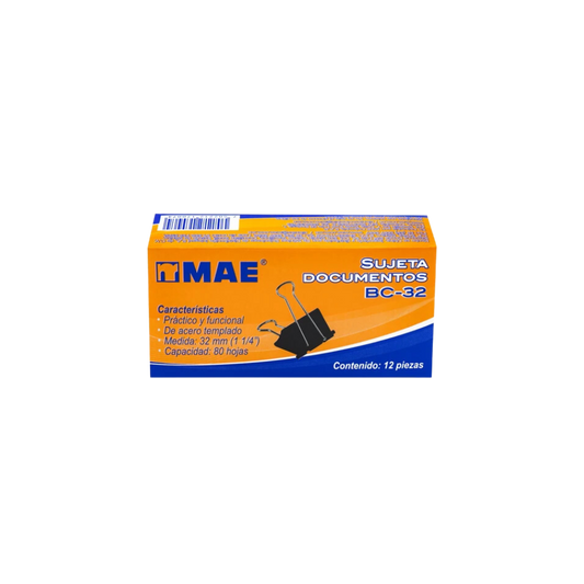 SUJETADOCUMENTOS MEDIANO MAE CAPACIDAD DE HASTA 80 HOJAS CAJA CON 12 PIEZAS BC-32