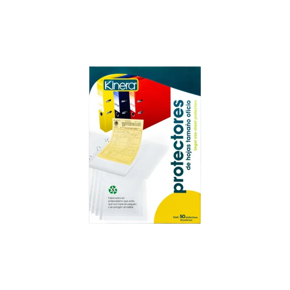 PROTECTOR DE HOJAS KINERA TRANSPARENTE TAMAÑO OFICIO 5 PERFORACIONES PAQUETE CON 50 PIEZAS
