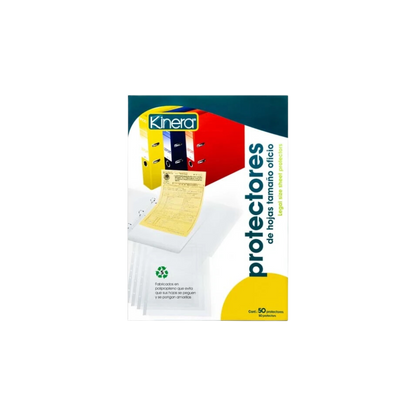 PROTECTOR DE HOJAS KINERA TRANSPARENTE TAMAÑO OFICIO 5 PERFORACIONES PAQUETE CON 50 PIEZAS