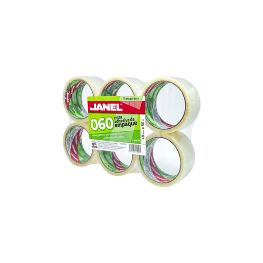 CINTA ADHESIVA TRANSPARENTE DE EMPAQUE PARA CARGA LIGERA MARCA JANEL MEDIDAS 48MM X 50M BLISTER CON 6 PIEZAS 0654850700