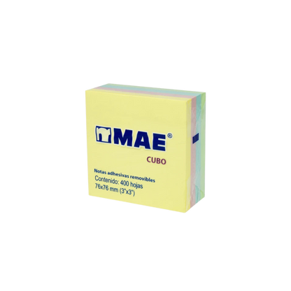 NOTA ADHESIVA FORMA CUADRADA PASTEL CUBO MAE 400 HOJAS 7.6 CM X 7.6 CM 21013