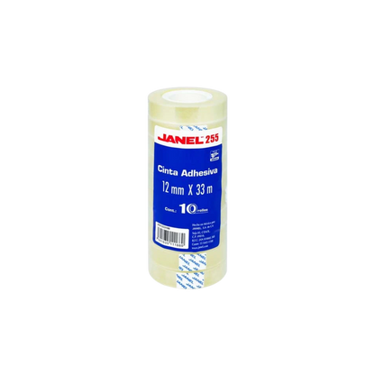 CINTA ADHESIVA CORTE FÁCIL JANEL 255 TRANSPARENTE DE 12 MM X 33 M BLISTER CON 10 PZAS