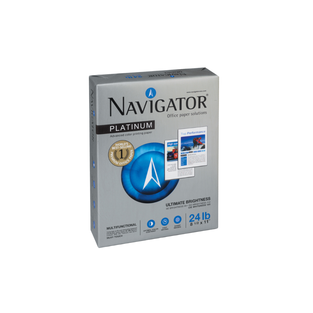 CAJA DE PAPEL BOND BLANCO NAVIGATOR ALTA BLANCURA CARTA 5 PAQUETES CON 500 HOJAS 90GR