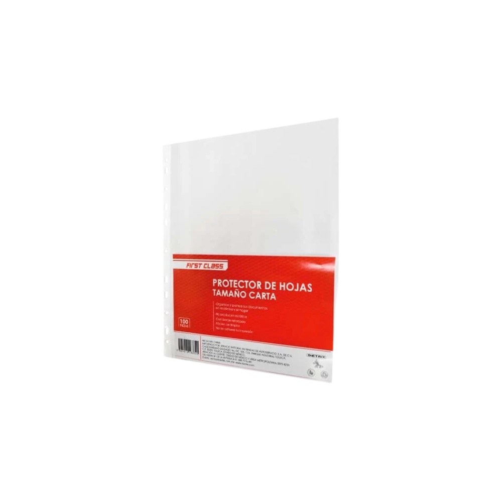 PROTECTOR DE HOJAS TRANSPARENTE TAMAÑO CARTA MULTIPLES PERFORACIONES FIRST CLASS PAQUETE CON 100 PIEZAS 9699