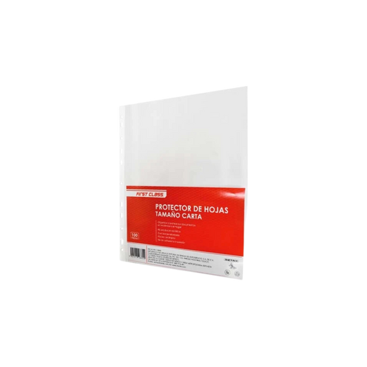 PROTECTOR DE HOJAS TRANSPARENTE TAMAÑO CARTA MULTIPLES PERFORACIONES FIRST CLASS PAQUETE CON 100 PIEZAS 9699