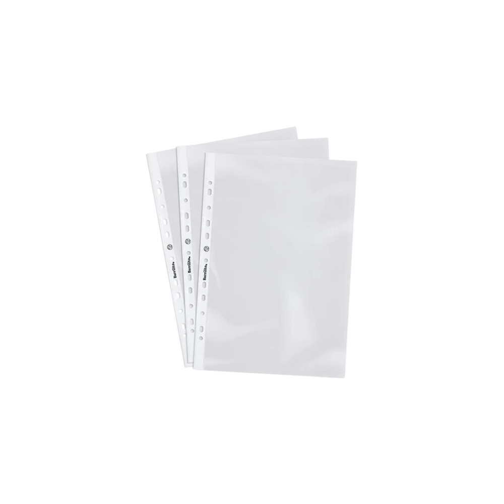 PROTECTOR DE HOJAS BARRILITO TAMAÑO OFICIO TRANSPARENTE CON MÚLTIPLES PERFORACIONES PAQUETE CON 100 PIEZAS PHO100