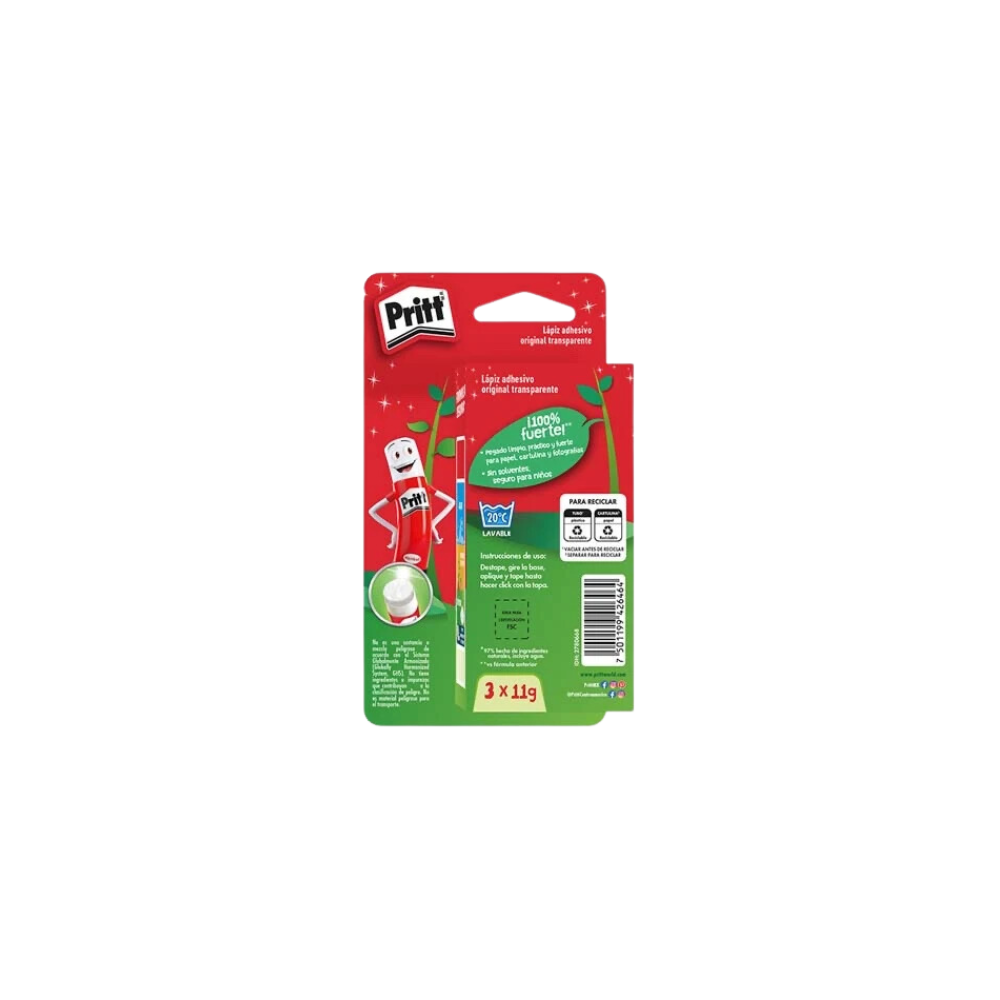 LÁPIZ ADHESIVO TRANSPARENTE PRITT BARRA 11GR PAQUETE CON 3 PIEZAS 2780668