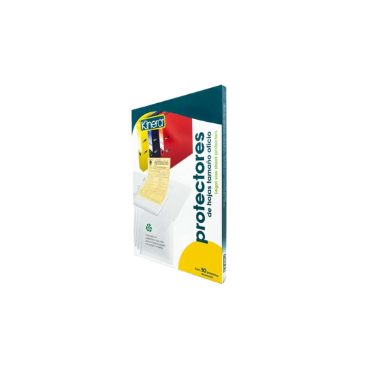 PROTECTOR DE HOJAS KINERA TRANSPARENTE TAMAÑO OFICIO 5 PERFORACIONES PAQUETE CON 50 PIEZAS