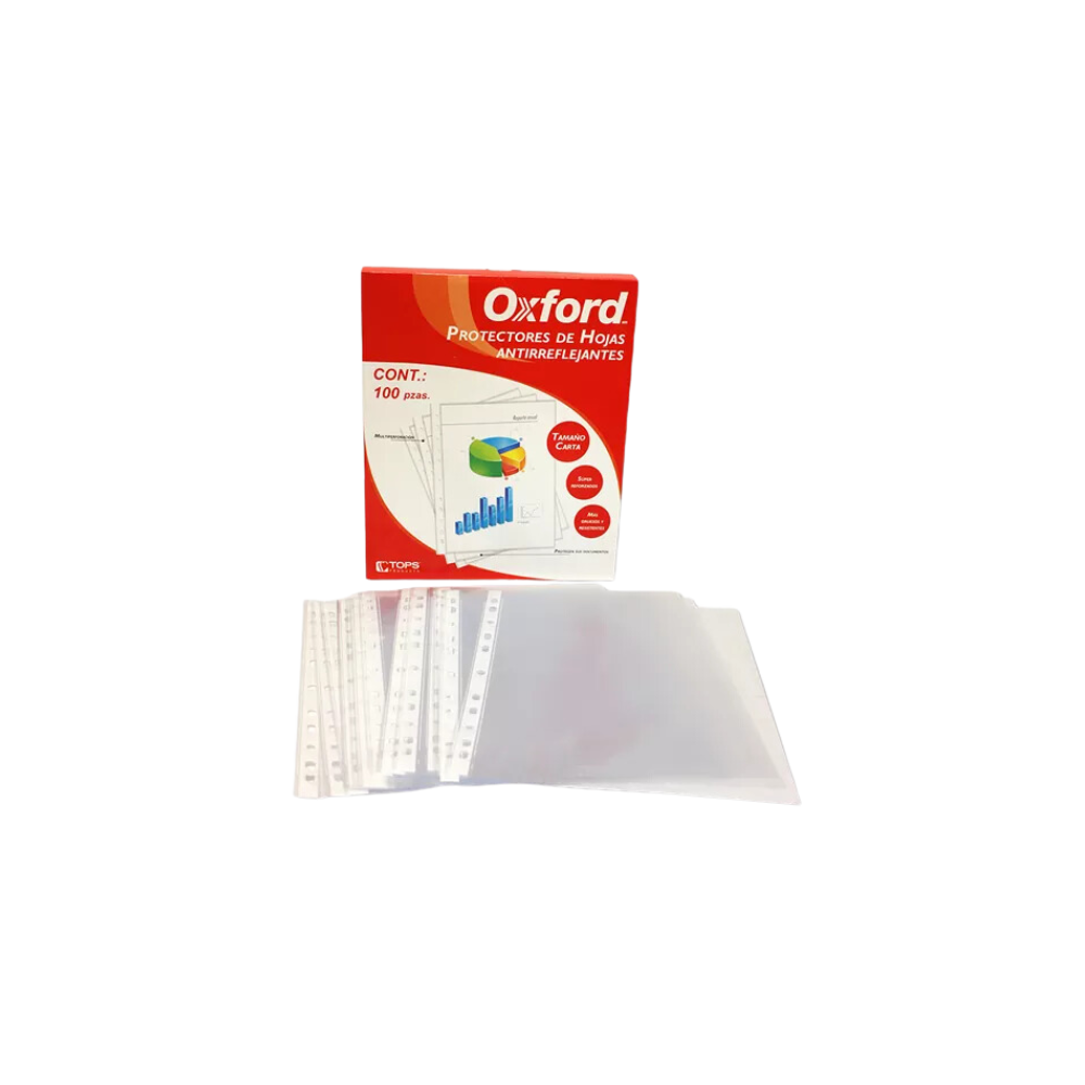 PROTECTOR DE HOJAS OXFORD TAMAÑO CARTA TRANSPARENTE ANTIREFLEJANTE MULTIPLES PERFORACIONES PAQUETE CON 100 PIEZAS 64000