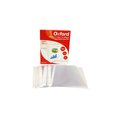 PROTECTOR DE HOJAS OXFORD TAMAÑO CARTA TRANSPARENTE ANTIREFLEJANTE MULTIPLES PERFORACIONES PAQUETE CON 100 PIEZAS 64000