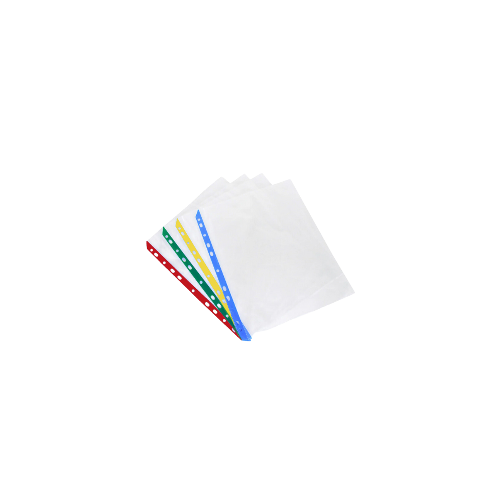 PROTECTOR DE HOJAS WILSON JONES TAMAÑO CARTA TRANSPARENTE CON ORILLAS MULTICOLOR Y MULTIPLES PERFORACIONES  PAQUETE CON 50 PIEZAS P4742