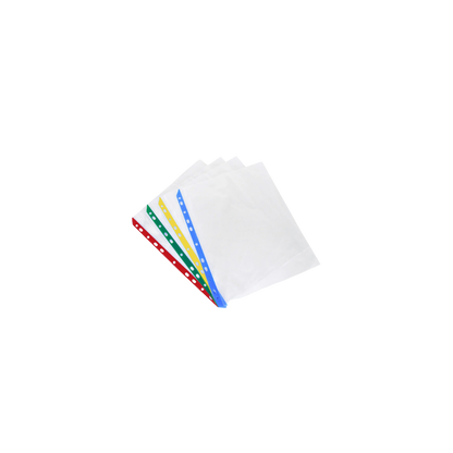 PROTECTOR DE HOJAS WILSON JONES TAMAÑO CARTA TRANSPARENTE CON ORILLAS MULTICOLOR Y MULTIPLES PERFORACIONES  PAQUETE CON 50 PIEZAS P4742