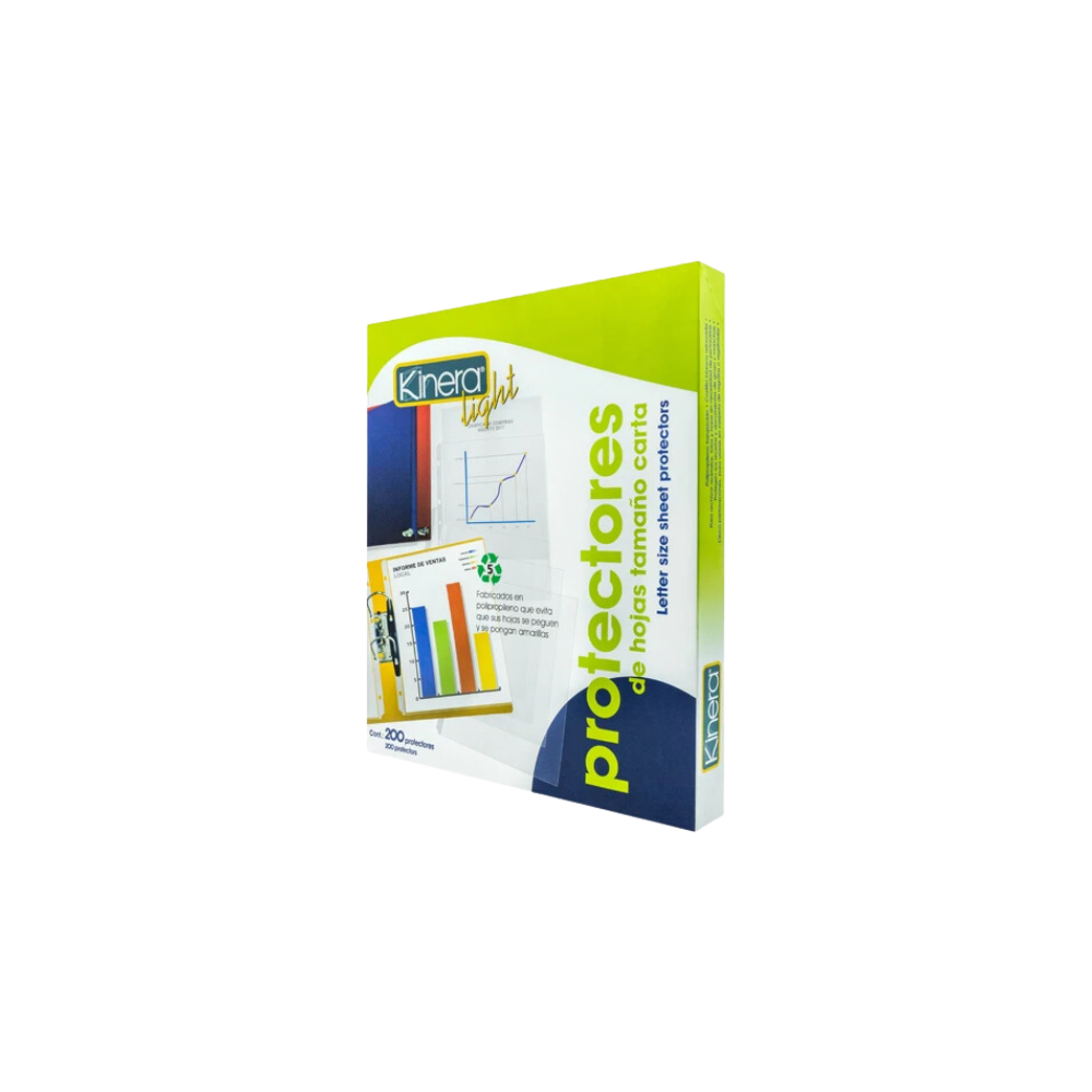 PROTECTOR DE HOJAS KINERA TRANSPARENTE TAMAÑO CARTA 5 PERFORACIONES PAQUETE CON 200 PIEZAS